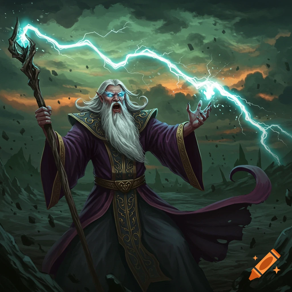 An evil wizard with glowing eyes casts a bolt of lightning from his hand.