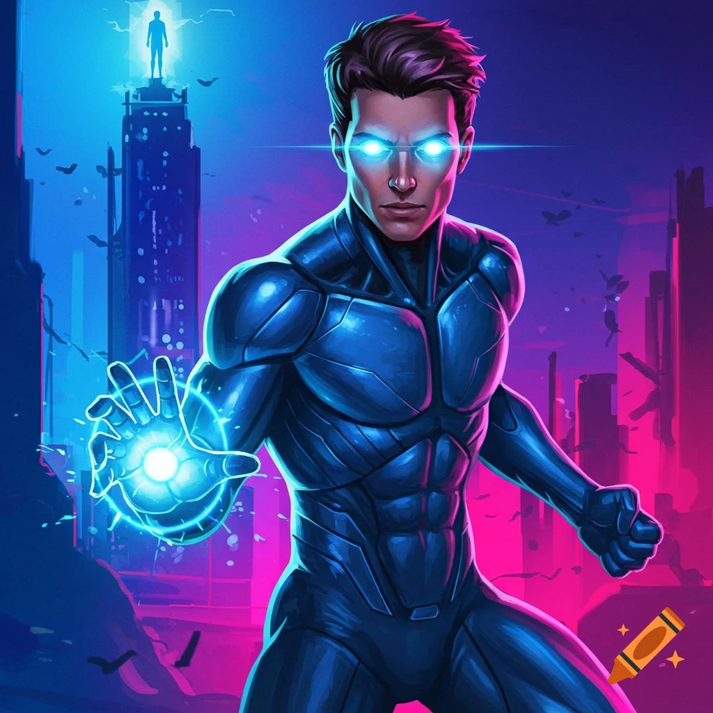 A superhero with glowing blue eyes and hand in a futuristic city setting.
