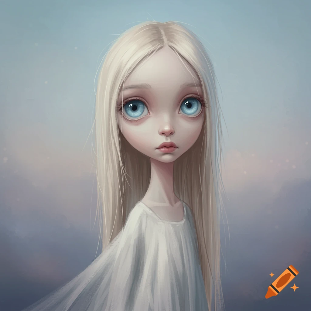 A girl with large blue eyes, blonde hair, and white gown in a soft, painterly style.