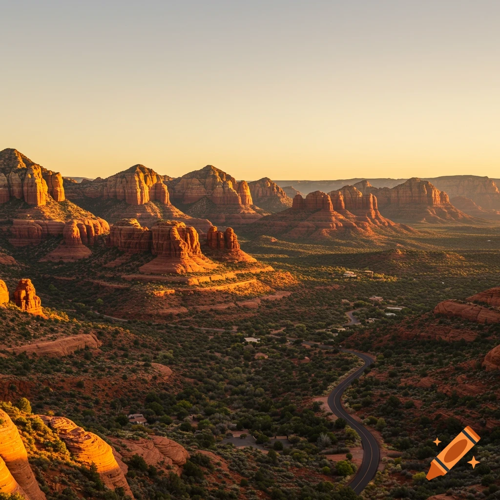 Aerial view of red rock mountains and winding road in a desert landscape at sunset.