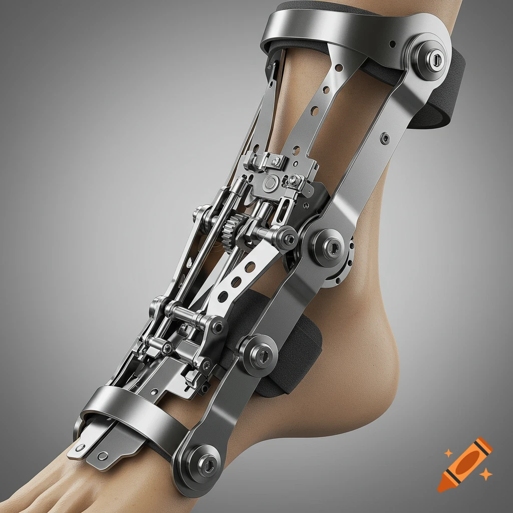 A close-up photorealistic 3D render of a complex metal mechanical ankle brace on a person's foot and lower leg.