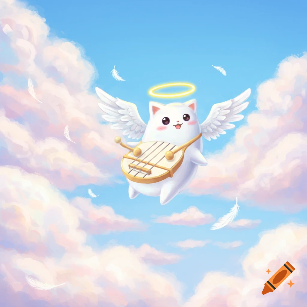 A cute winged creature with a halo plays an instrument while floating among clouds.