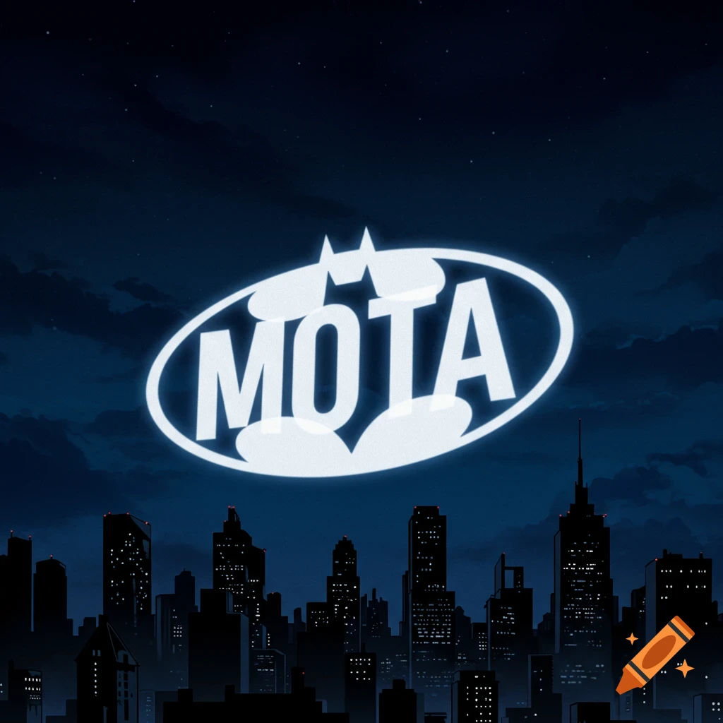 A glowing white Batman-like signal with the word MOTA on it, shining in the night sky above a dark city skyline.
