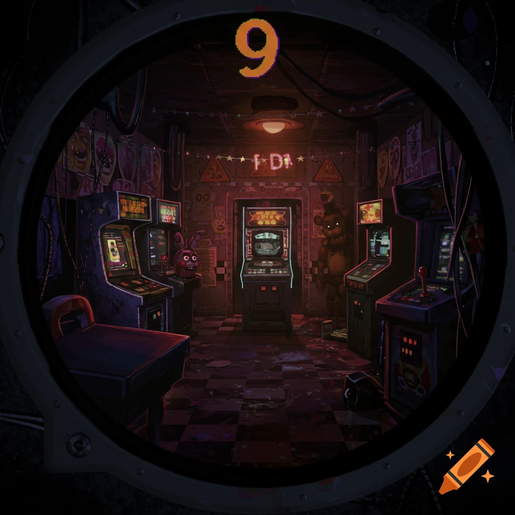A dark arcade room from Five Nights at Freddy's, showing animatronics and machines through a circular monitor with a large number 9.