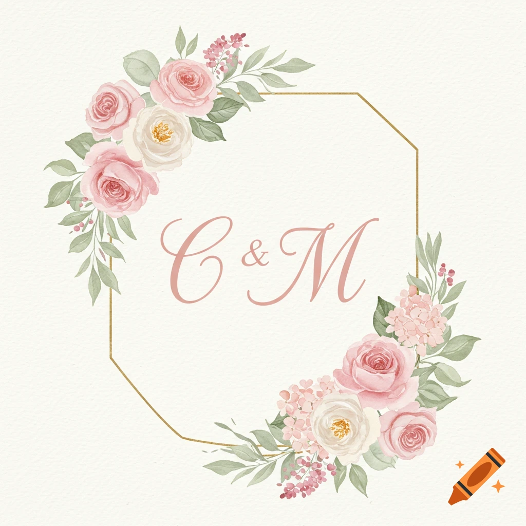 Watercolor floral wreath with pink and white flowers and green leaves around a gold hexagonal frame containing the letters C & M.