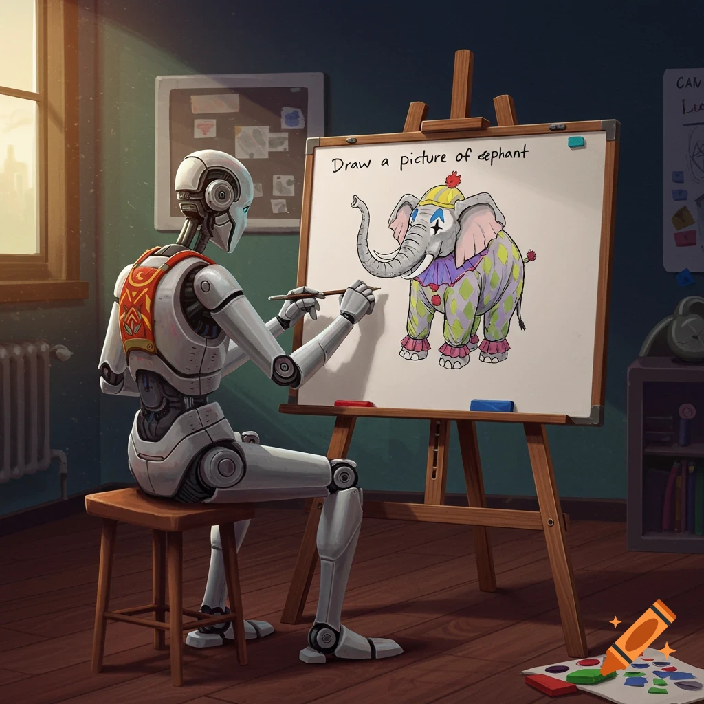A humanoid robot sits on a stool drawing a colorful elephant in a clown costume on an easel in a room.