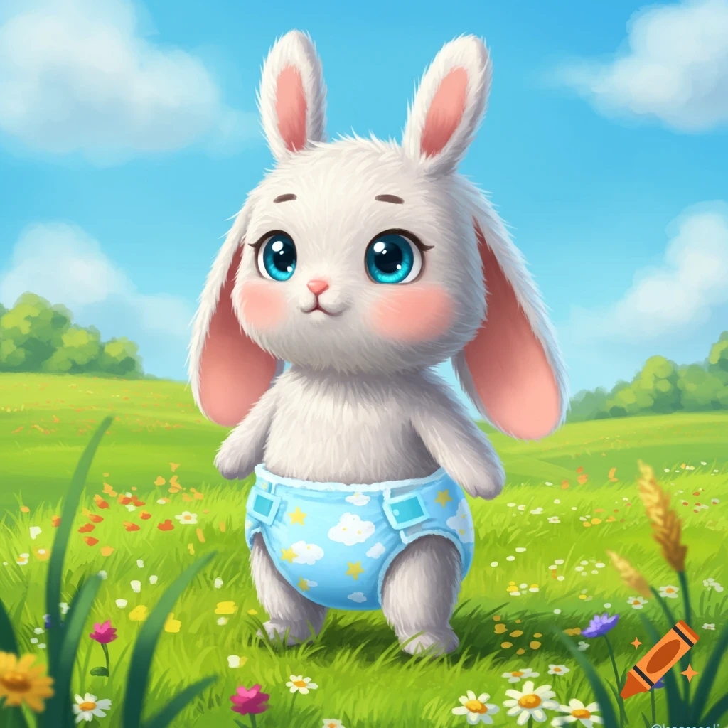 A cute white bunny wearing a blue diaper in a grassy field under a blue sky.
