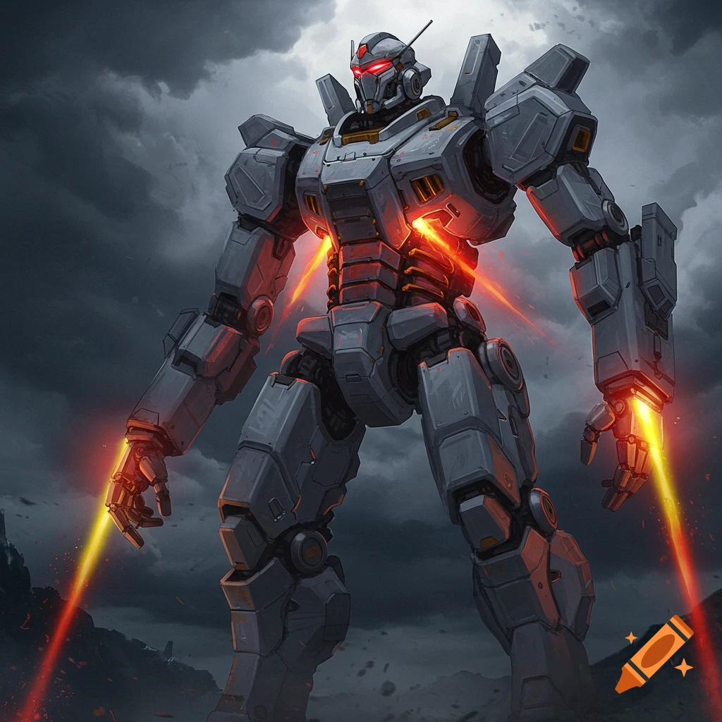 A large grey robot with red glowing chest and weapon effects stands under a stormy sky.