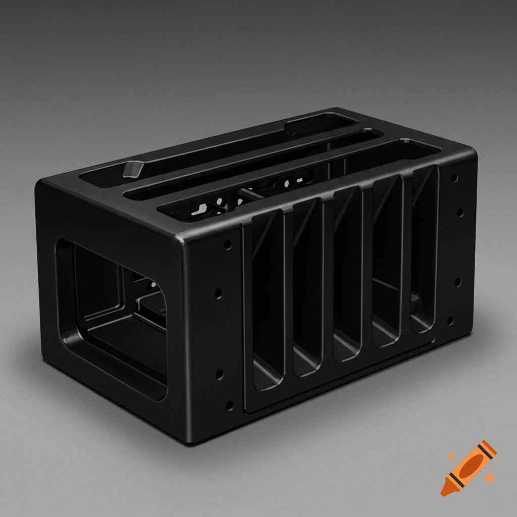 Digital rendering of a black rectangular tech component case or holder.