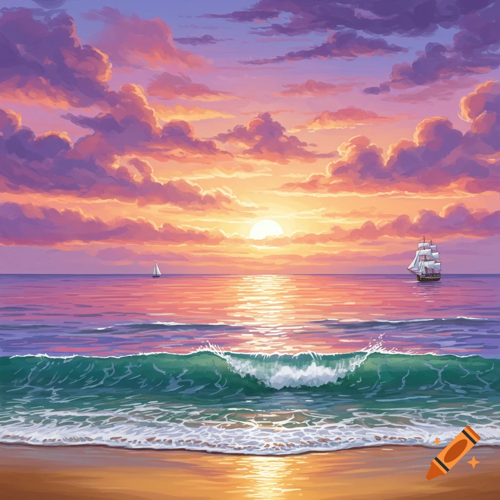 A colorful sunset over a seascape with sailboats