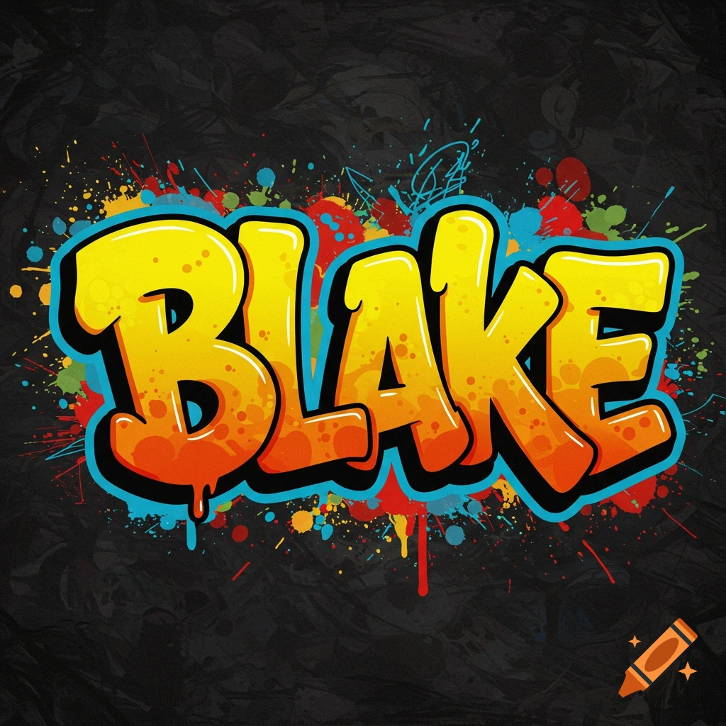Stylized yellow and orange bubble letters spelling 'Blake' with paint splatters on a dark background.