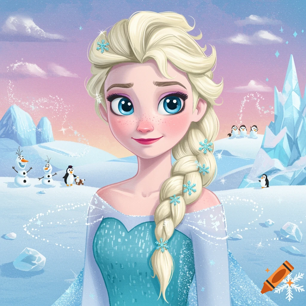 Elsa from Frozen in a winter landscape with snowmen and penguins.