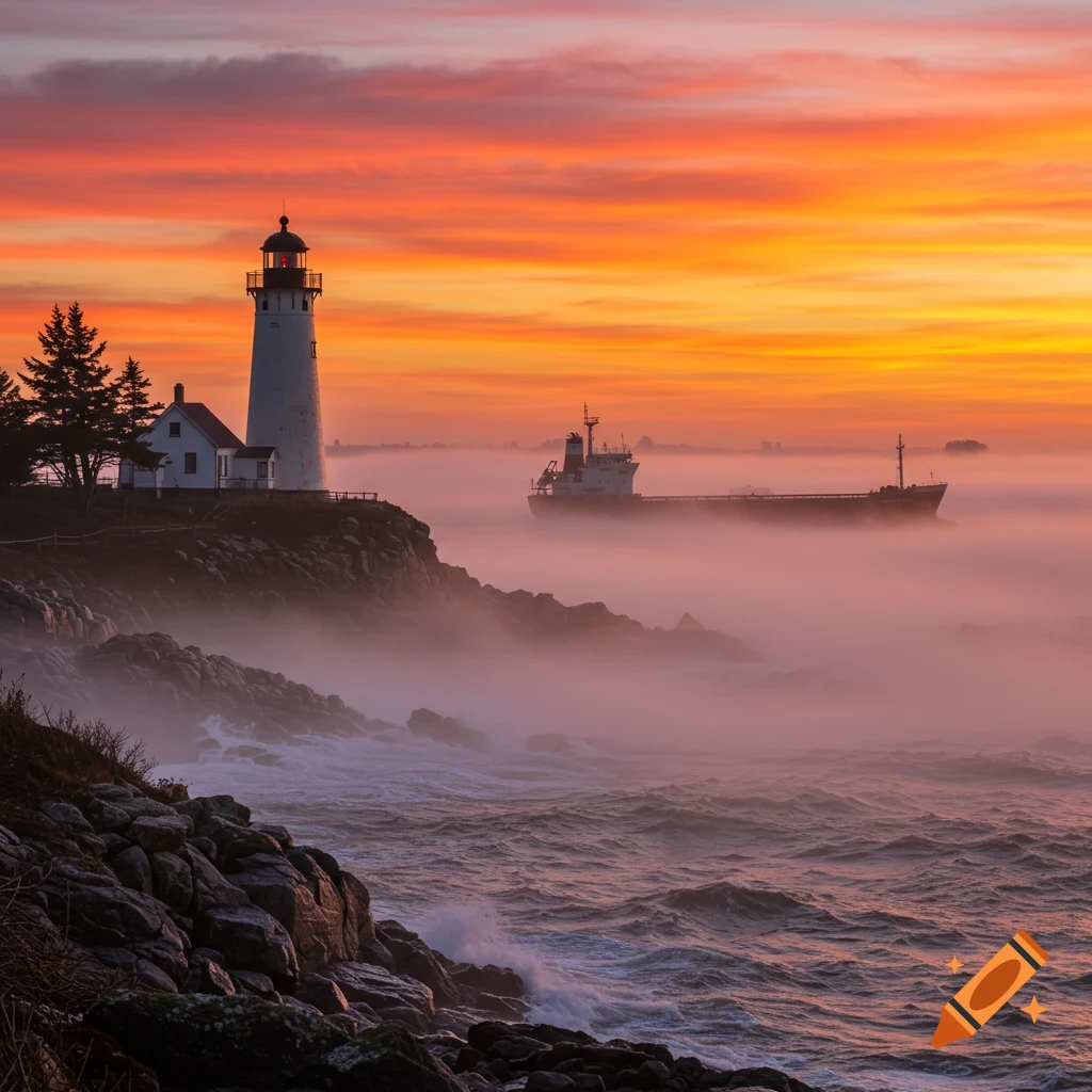 Lighthouse and house on a rocky coast with a ship in fog at sunrise over choppy water.