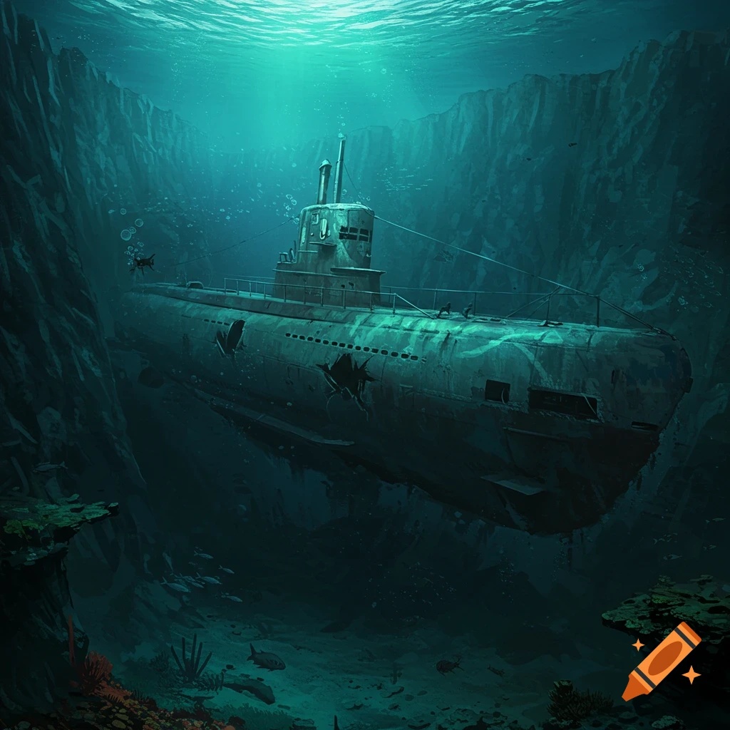 A damaged submarine rests in a deep sea trench.