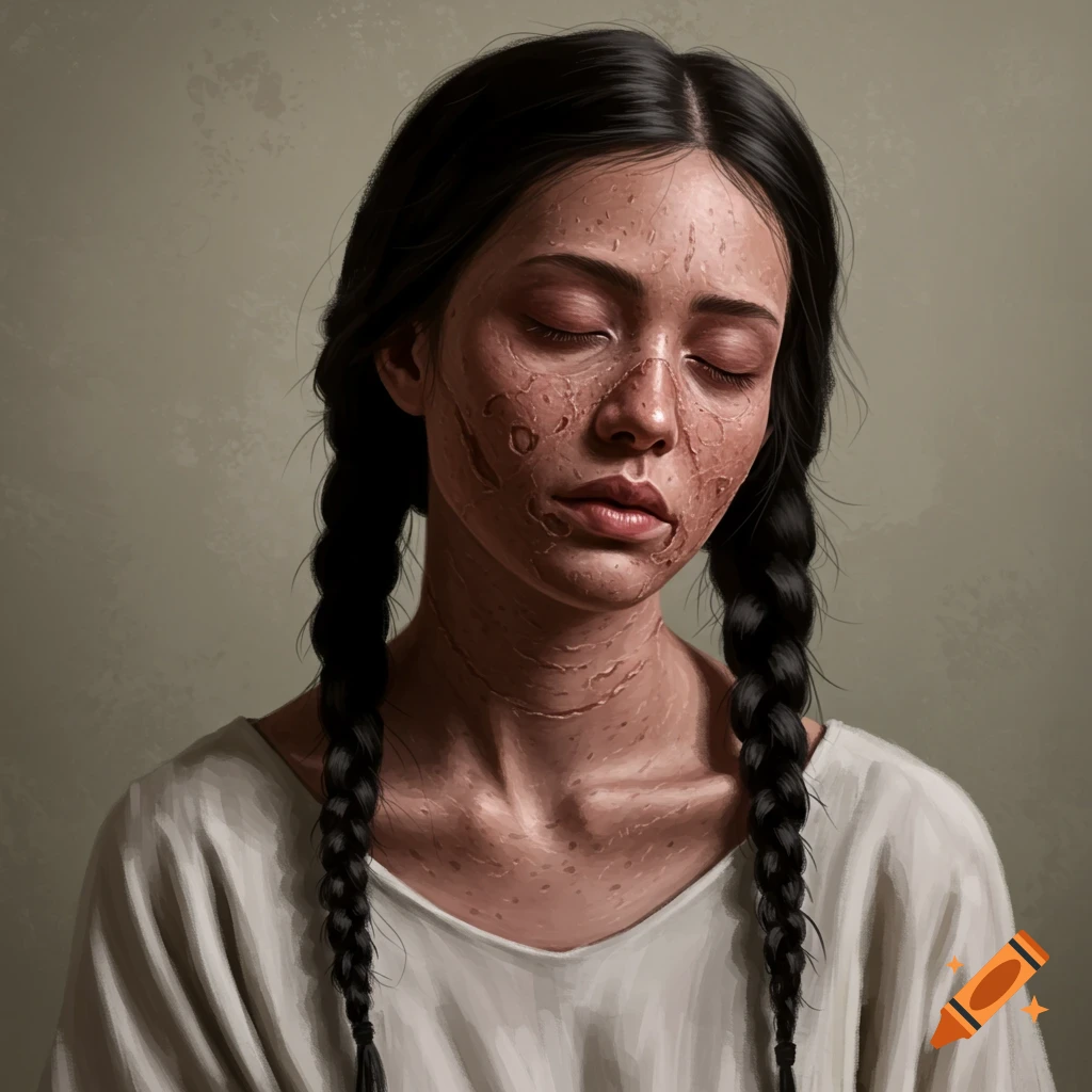A young woman with severe scarring and braided hair