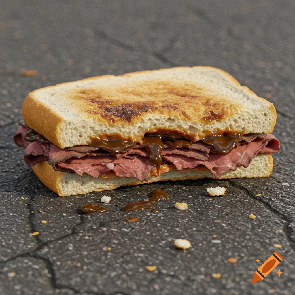 A roast beef sandwich dropped on cracked asphalt pavement with sauce dripping out.