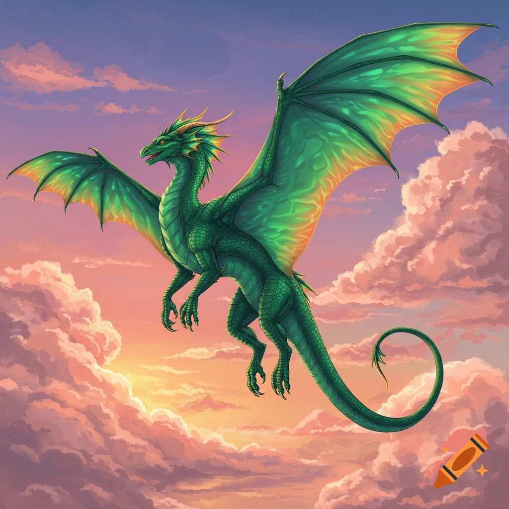 A large green dragon with wings spread flies through pink and orange clouds at sunset.