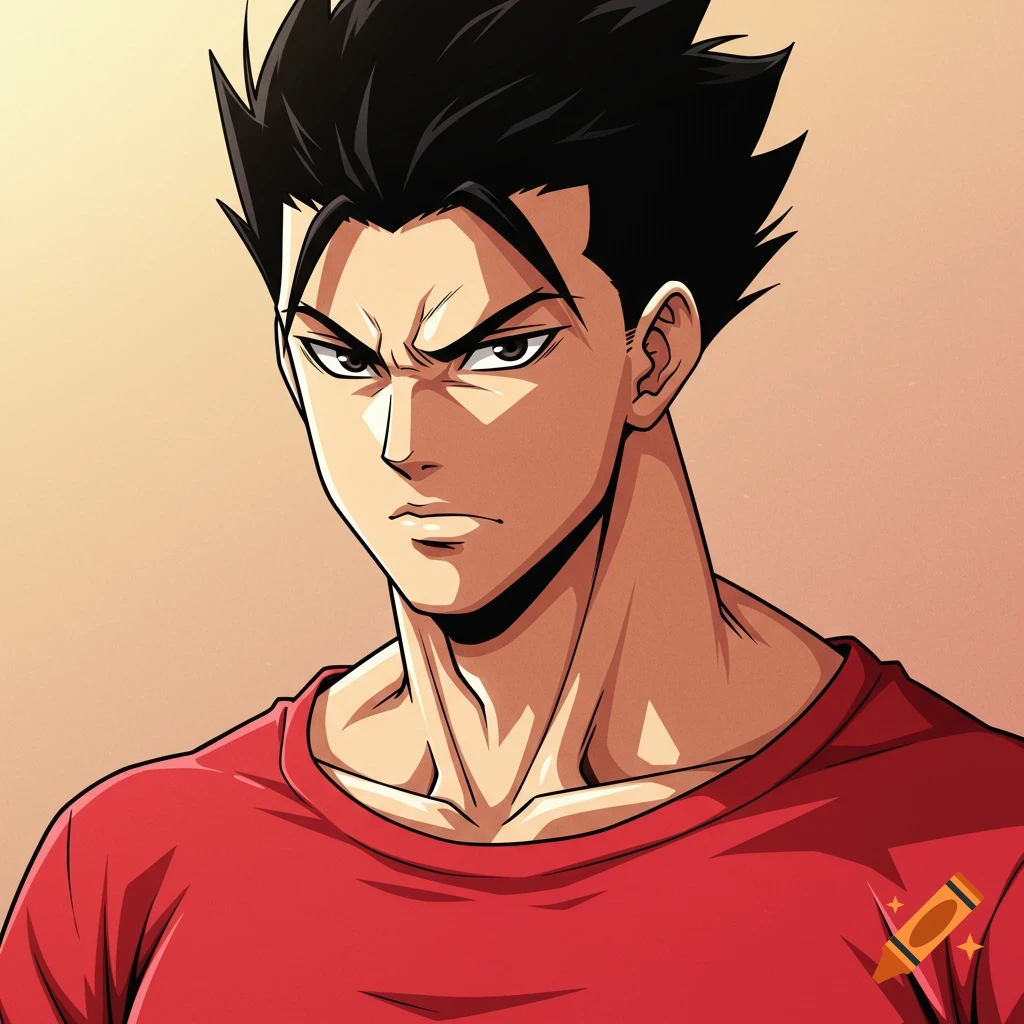 Anime portrait of a man with black hair wearing a red shirt.