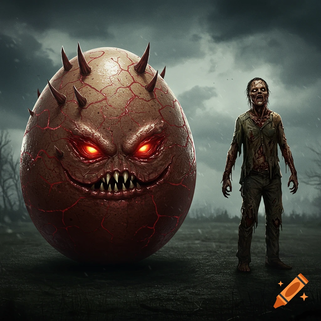 A spiky evil egg monster with glowing eyes and a zombie in a stormy field.