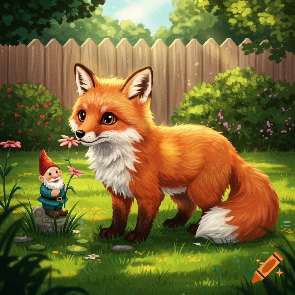 A cute red fox stands next to a garden gnome in a backyard.