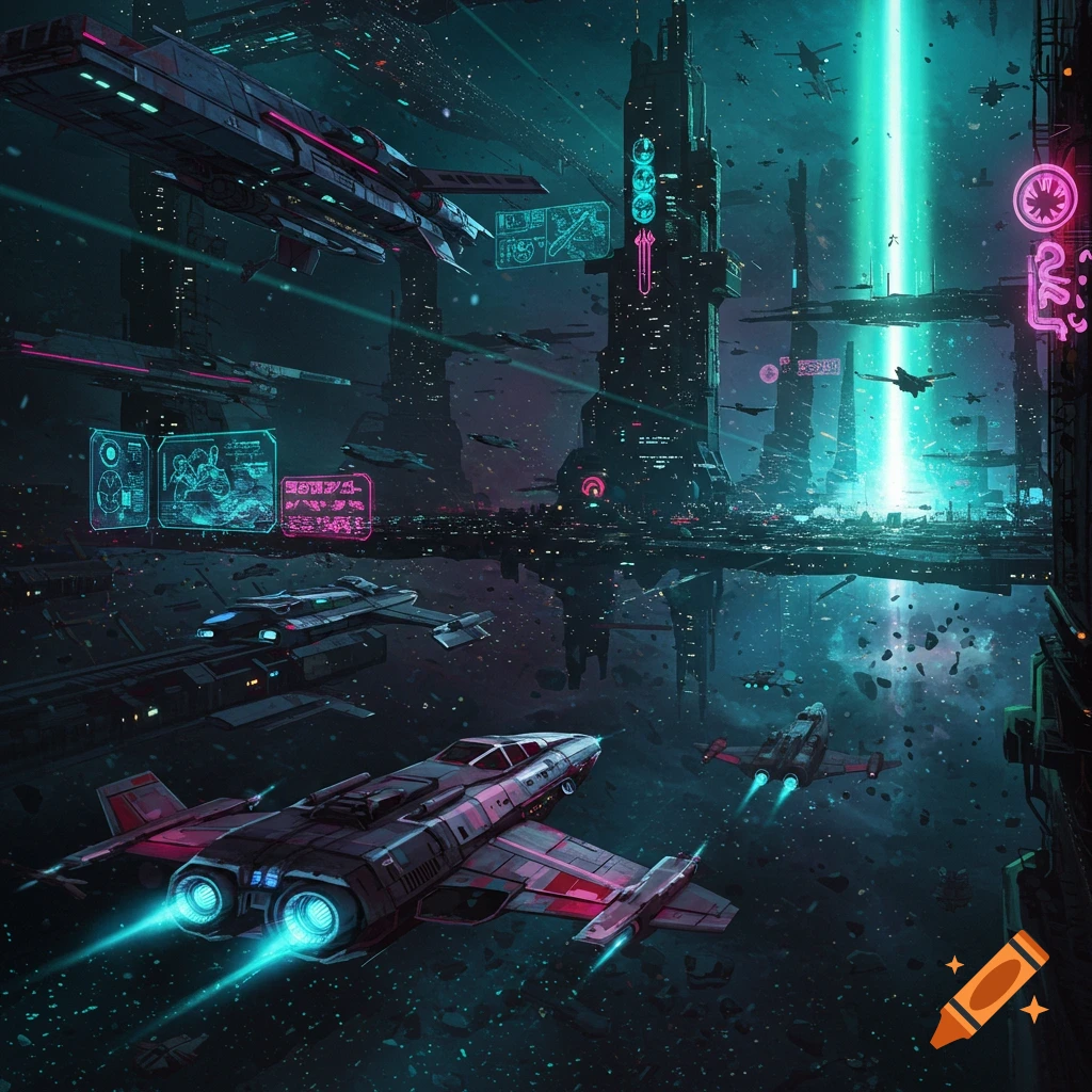 Spaceships flying near futuristic skyscrapers in a space city