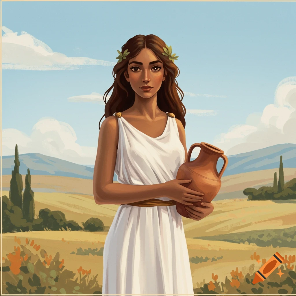 A woman in a white Greek dress holding a clay pot in a golden field.
