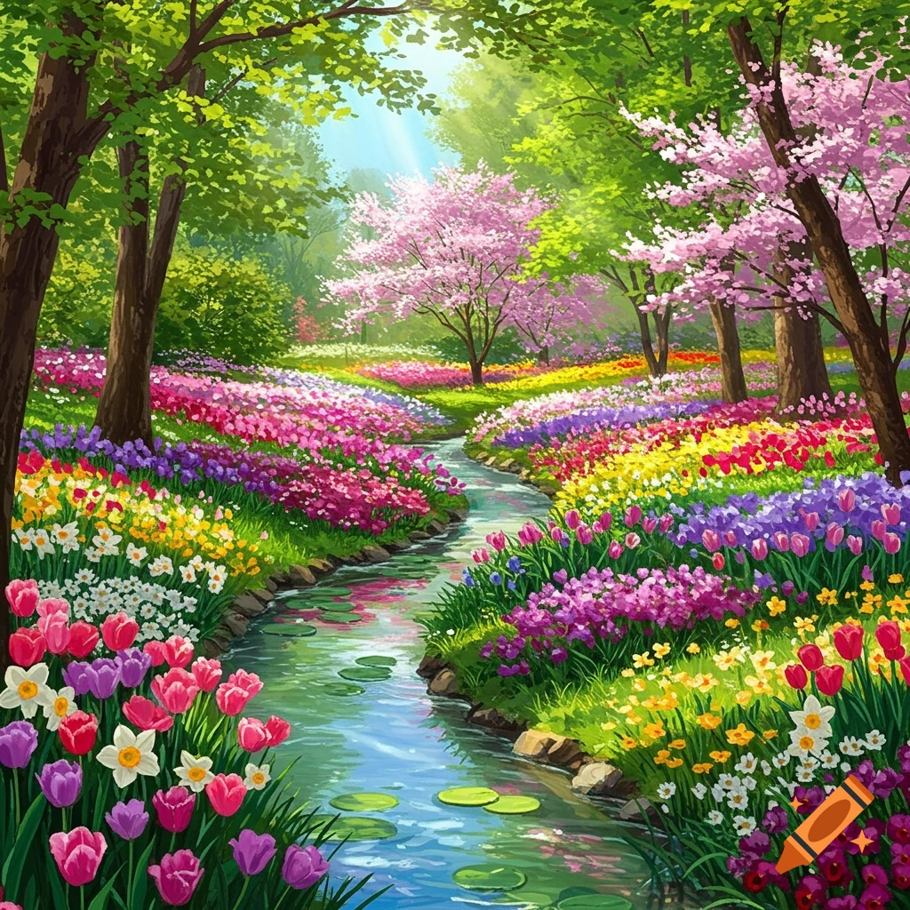 A spring park with a stream winding through fields of colorful flowers and trees.