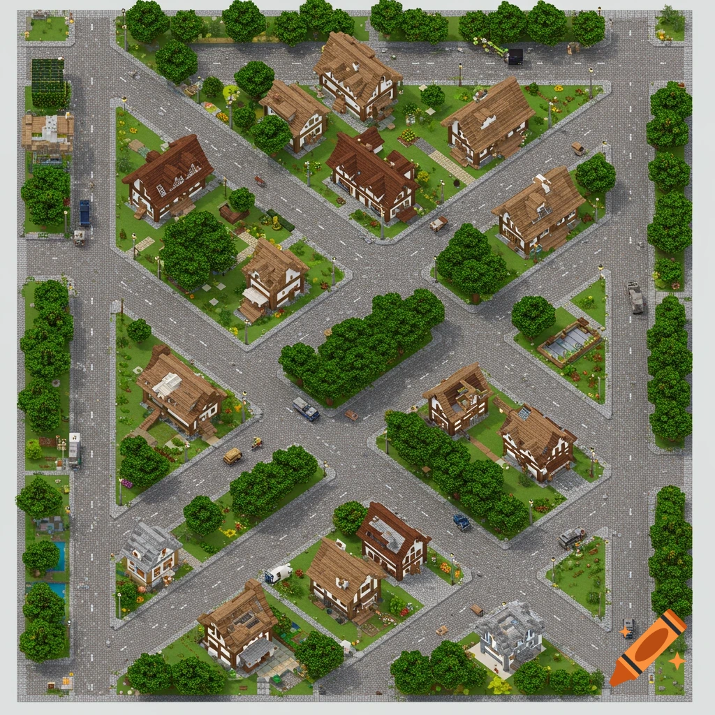 Overhead isometric view of a voxel suburban neighborhood with houses, roads, and trees
