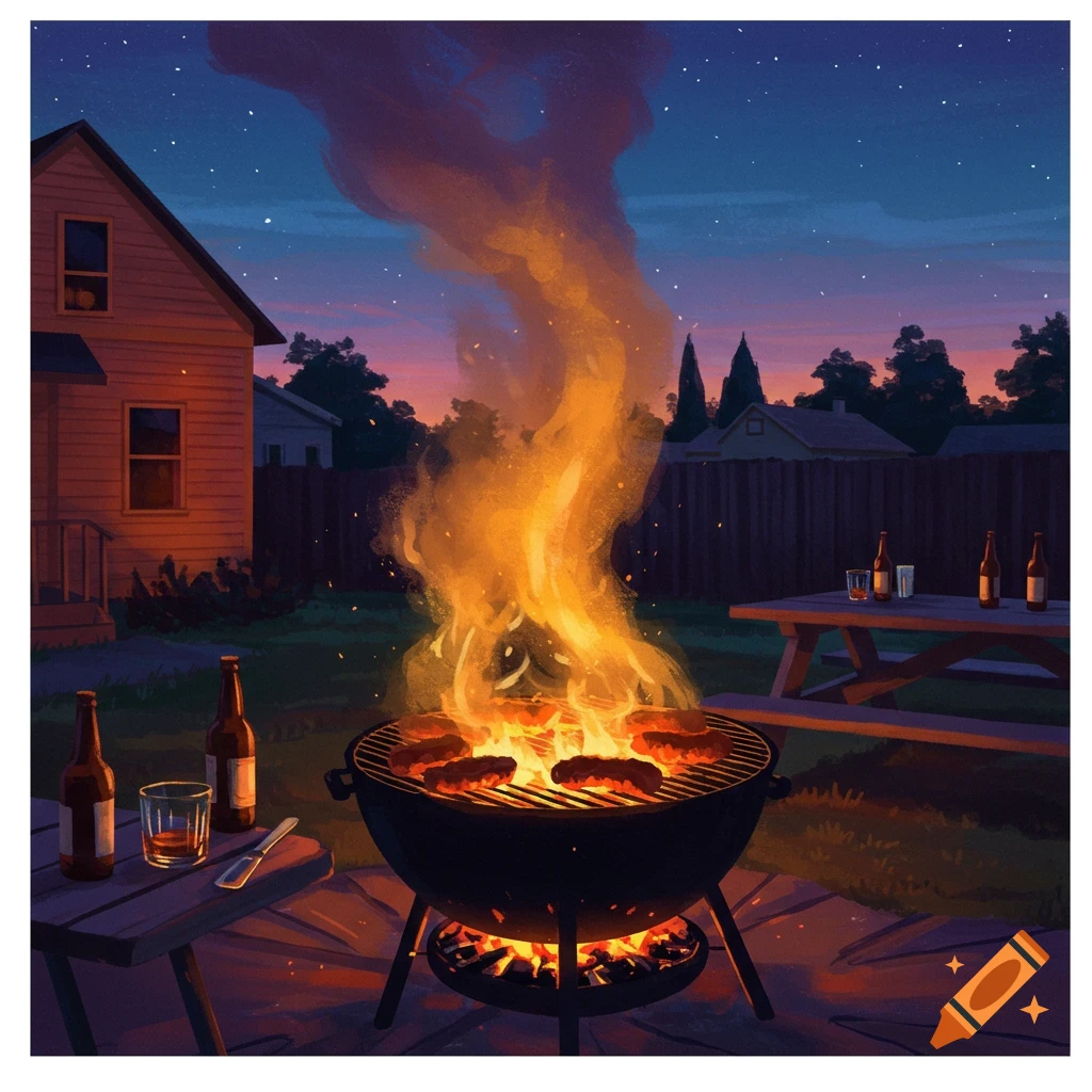 A backyard barbecue grill at dusk with meat cooking, beer and whiskey on tables.