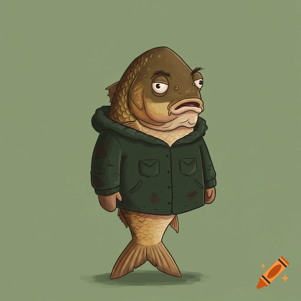 Cartoon illustration of an anthropomorphic carp fish wearing a green hooded jacket, standing on its tail.