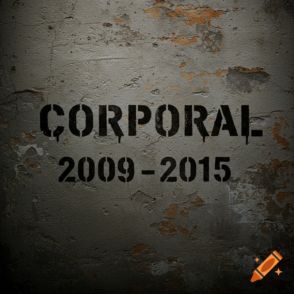 Black stencil text 'CORPORAL' and '2009-2015' on a dark, cracked, textured wall.