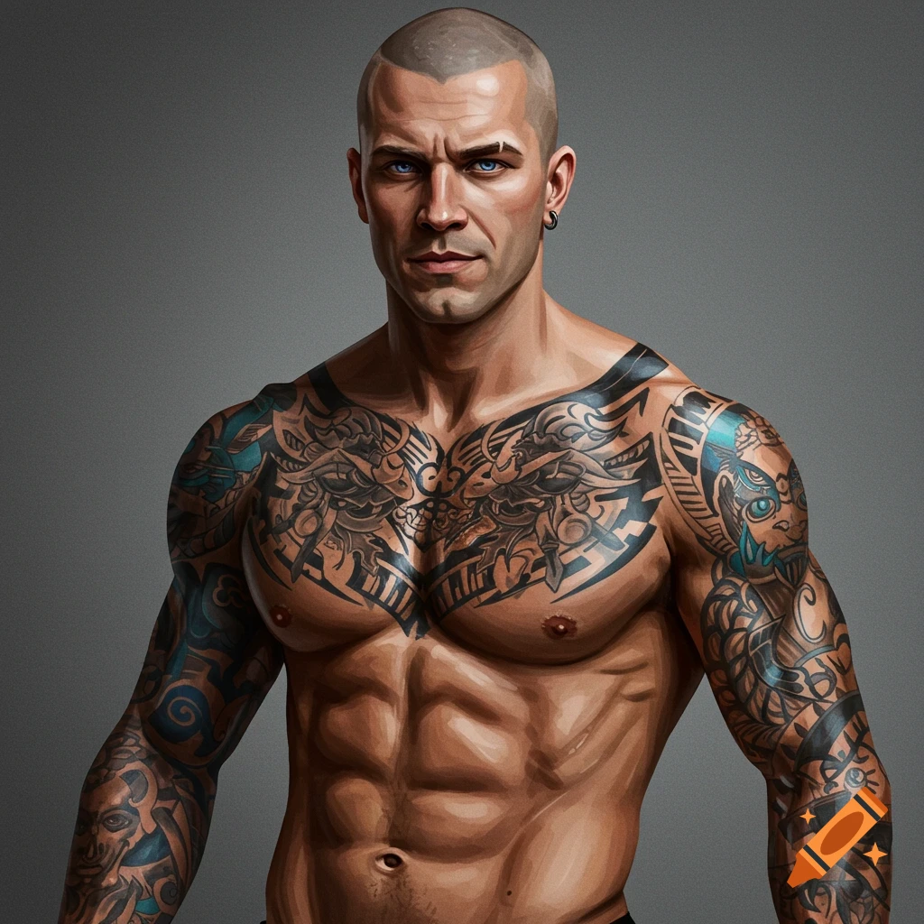 A man with a shaved head and extensive tattoos, showing off his muscular physique.