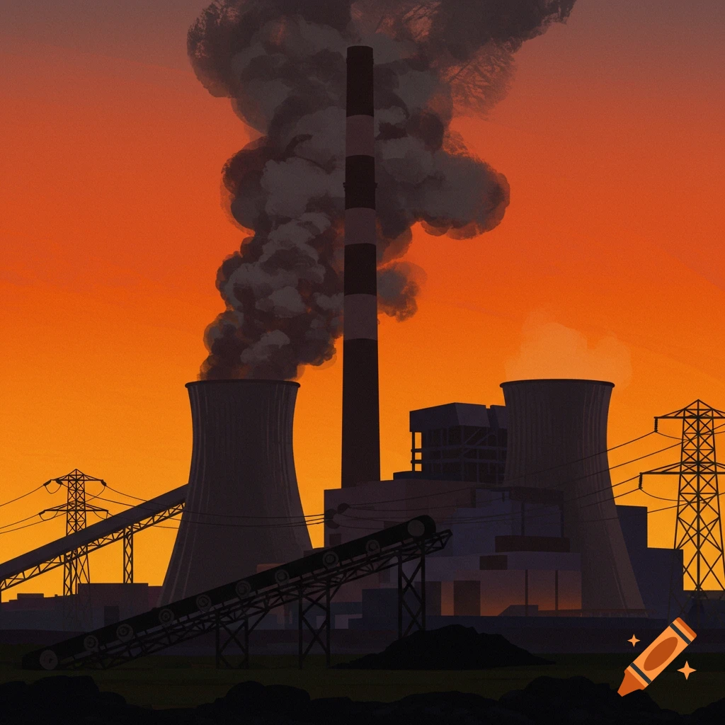 A coal power plant silhouetted against an orange sky.