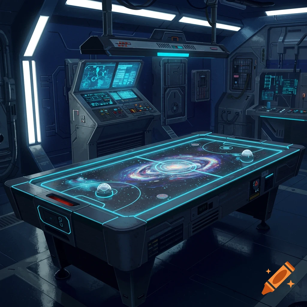 A futuristic air hockey table with a galaxy design in a space station room.