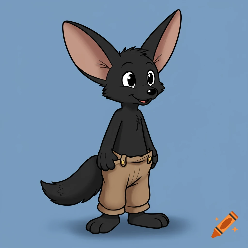 A cartoon black fennec fox in brown pants in an old animation style.