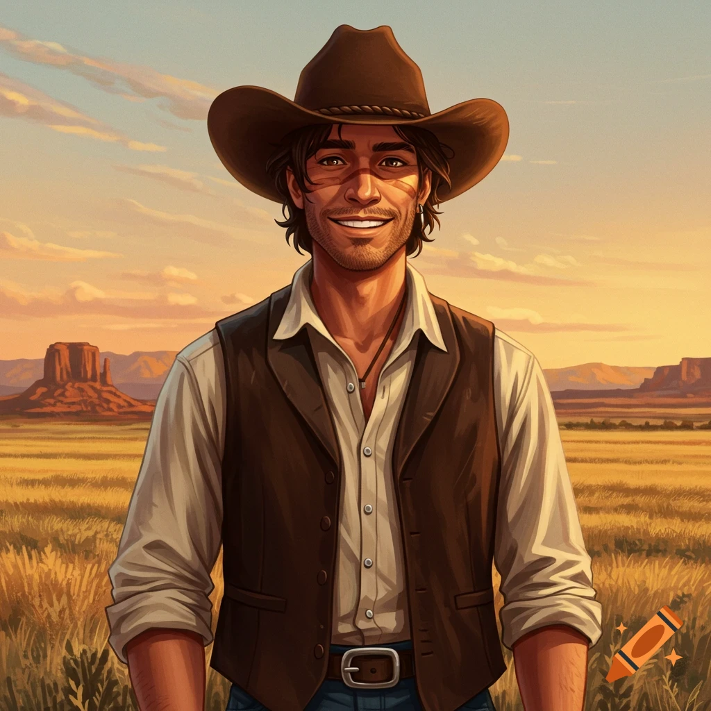 A man in a cowboy hat and vest smiles in a field with mesas in the distance at sunset.