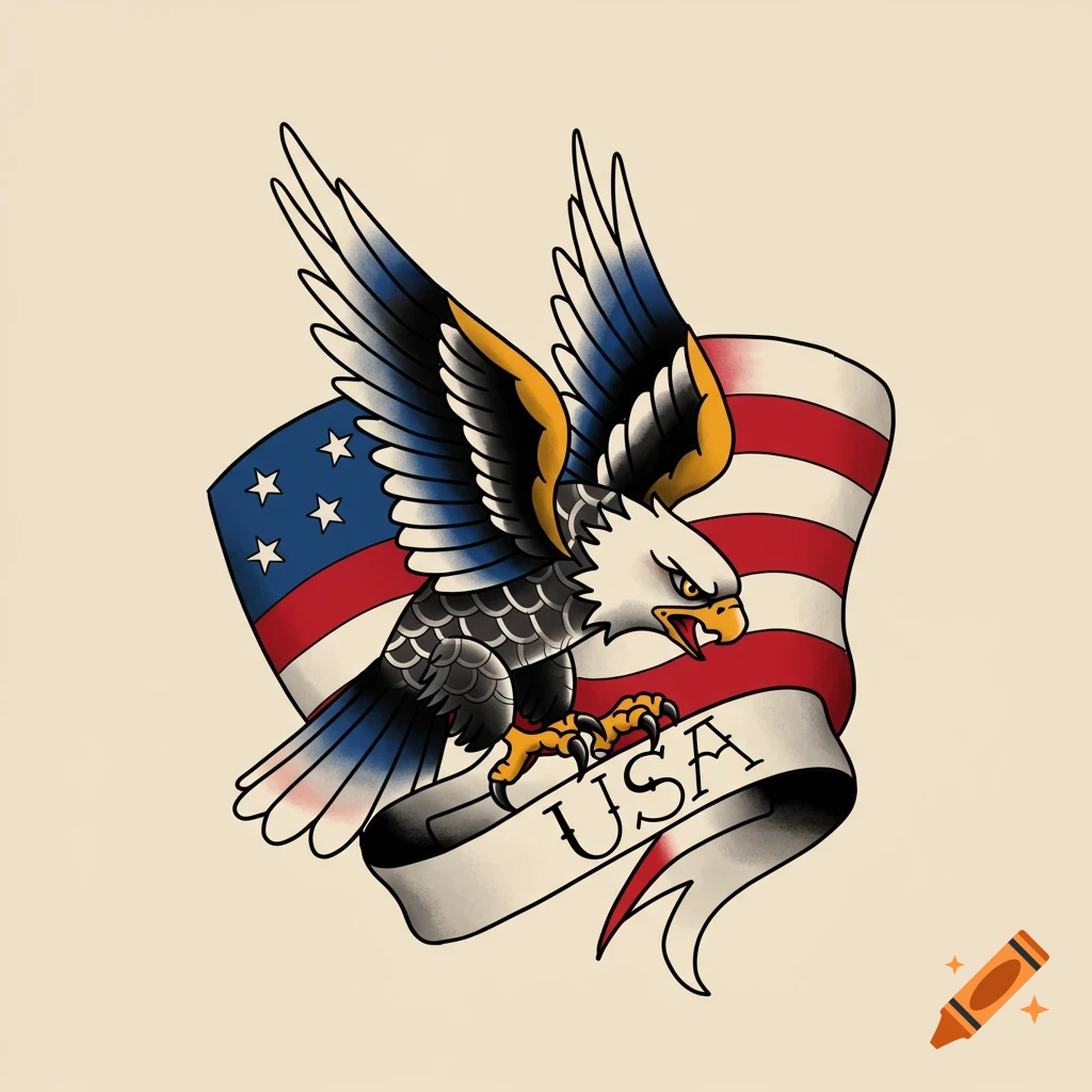American traditional tattoo style illustration of an eagle with a US flag and banner reading USA.