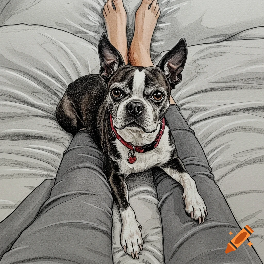 Line drawing of a Boston Terrier dog lying on a person's legs on a bed.
