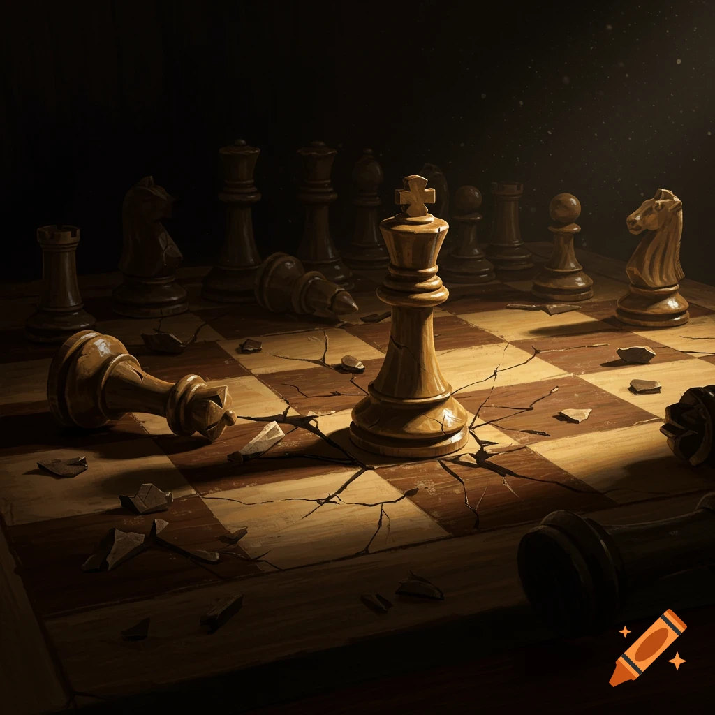 A dramatic image of a broken chess board with scattered pieces, a standing king, and a fallen queen.