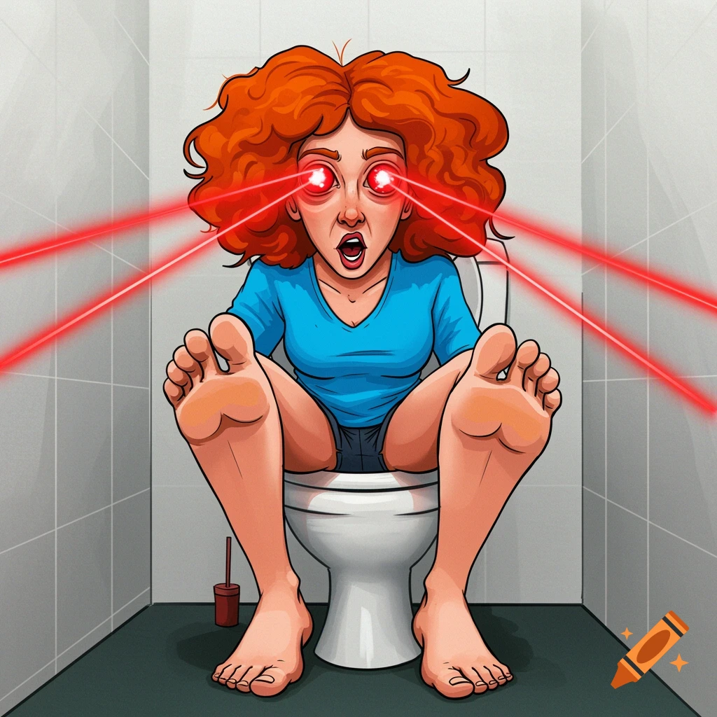 Cartoon woman with red hair and laser eyes sitting on a toilet.