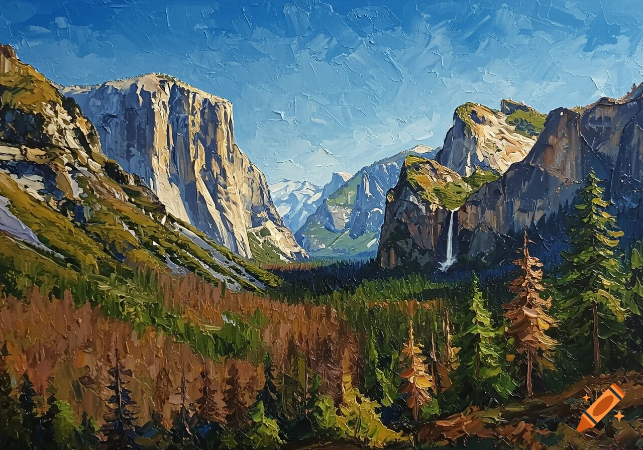 Impasto oil painting of Yosemite Valley landscape with mountains and waterfall.