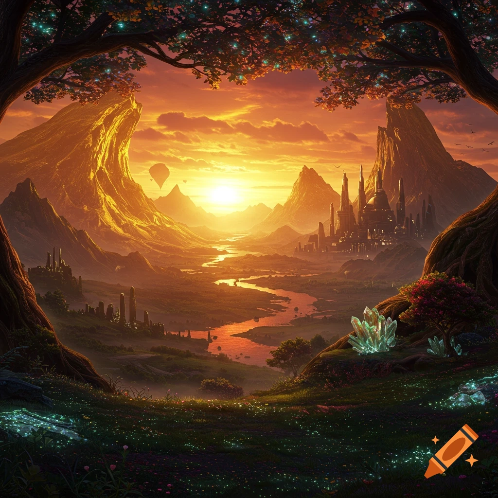 Fantasy landscape at sunset with mountains, river, distant city, and glowing plants, framed by trees.