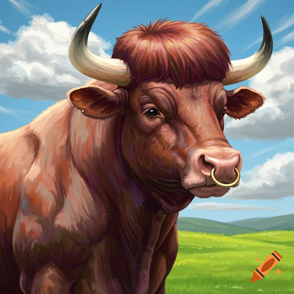 a bull with a nose ring standing in a grassy field