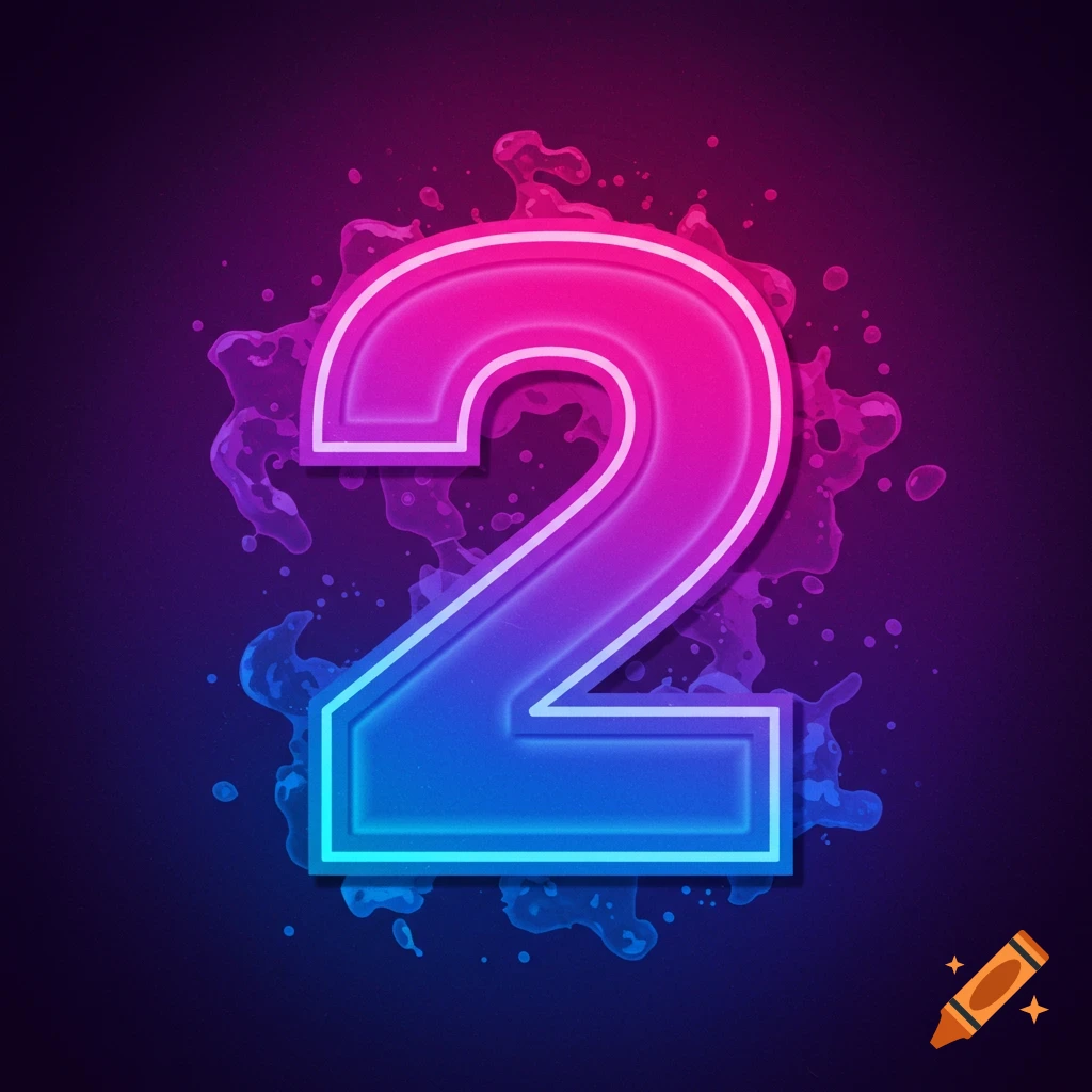 Stylized number 2 with pink and blue neon outline and paint splashes on a dark background.