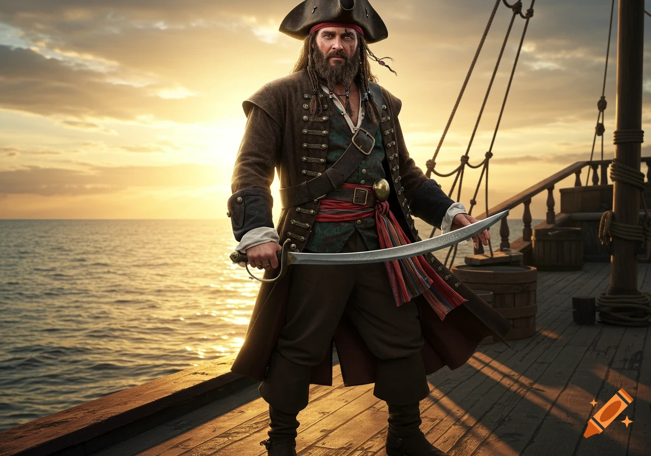 A photorealistic image of a pirate standing on a ship deck at sunset.