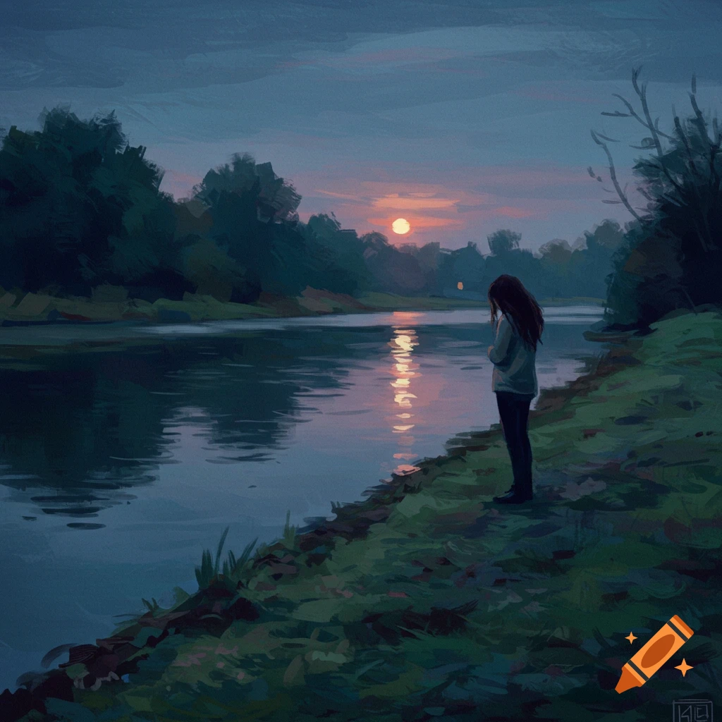 An impressionistic painting of a lone figure standing by a river watching the sunset.