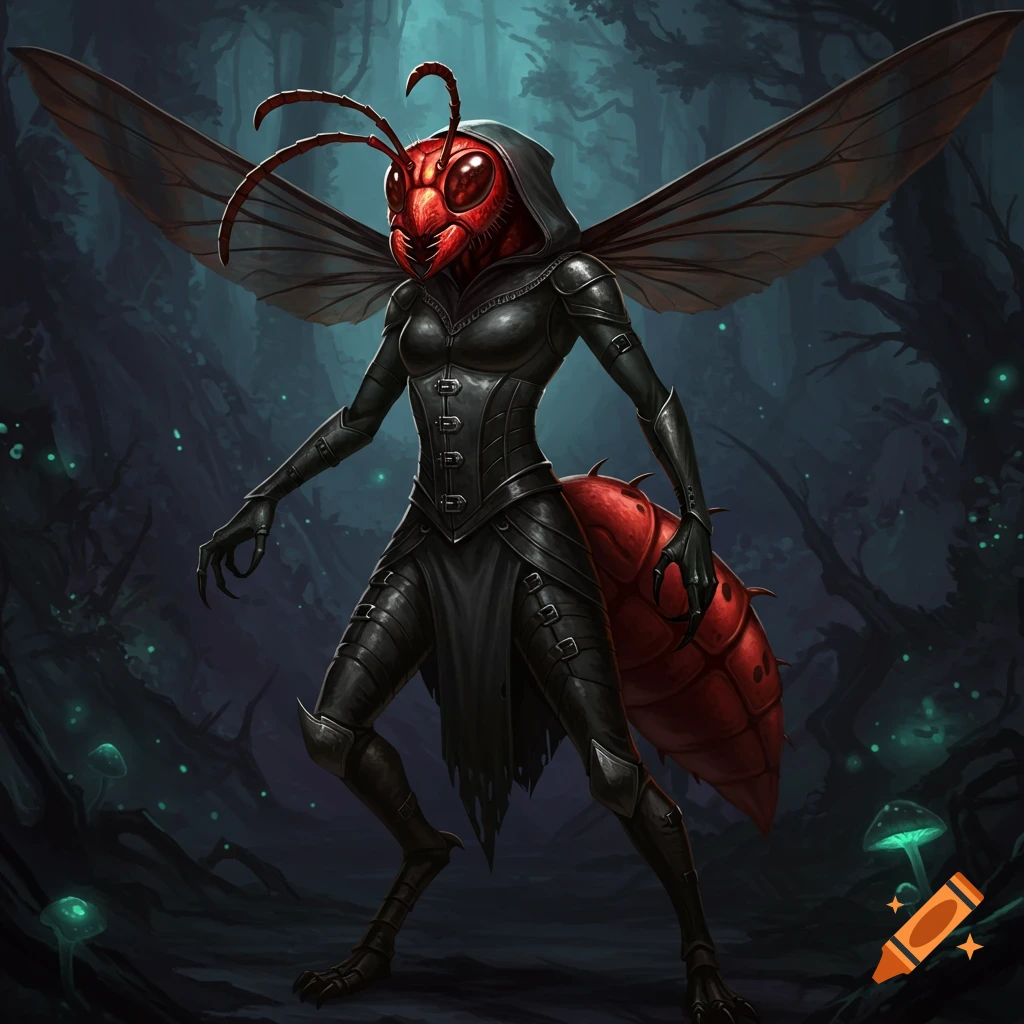 A humanoid figure with a red wasp head, wings, and abdomen, wearing black leather clothing, stands in a dark forest with glowing mushrooms.
