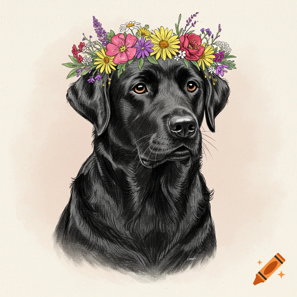Hand-drawn black Labrador wearing a flower crown against a pink background.