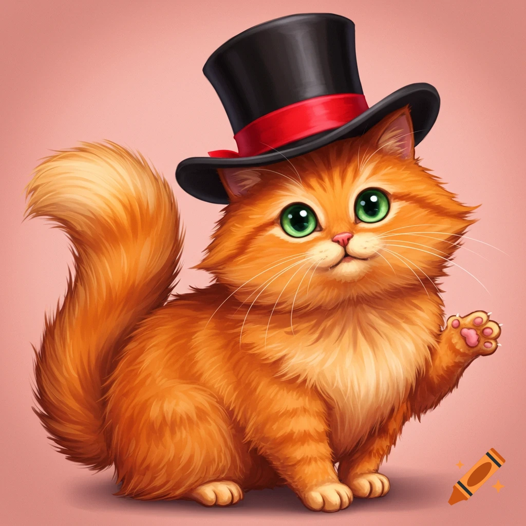 A fluffy orange cartoon cat wearing a top hat and waving.