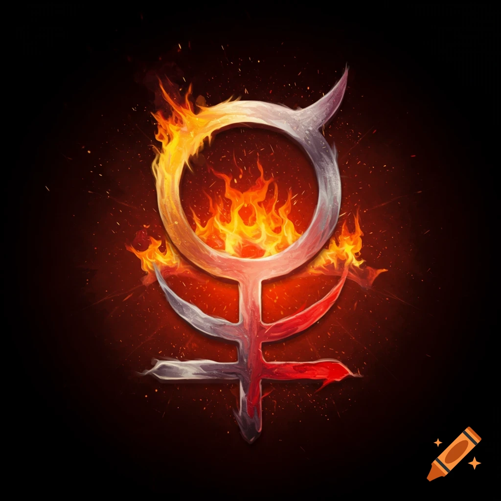 A silver symbol combining the alchemical symbols for mercury and fire, engulfed in flames on a dark background.